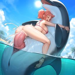 beach beach_background bestiality bikini bikini_top bodily_fluids bracelet breasts butt clothing cloudy cum cum_in_pussy cum_inside duo eyes_closed female female_on_feral female_penetrated feral feral_penetrating flippers genital_fluids human_penetrated interspecies jewelry larger_feral larger_male male male/female male_penetrating male_penetrating_female outside outside_sex palm_tree partially_submerged penetration plant seaside sex size_difference slit smaller_female swimwear tree vaginal vaginal_penetration anonymless cetacean delphinoid human mammal marine toothed_whale 1:1