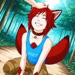 2_tails arm_tuft bottomwear cargo_shorts chest_tuft clothing collar dirt_path fangs forest hair male multi_tail petting plant red_hair shirt shorts solo tank_top topwear tree tuft elphkun elph_kitsuoka_(elphkun) animal_humanoid canid canid_humanoid canine canine_humanoid fox_humanoid humanoid mammal mammal_humanoid hi_res