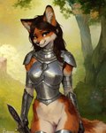 2022 anthro armor attempted_signature bottomless brown_eyes brown_hair canid canine clothed clothing female fox fur genitals hair hodor inner_ear_fluff looking_at_viewer mammal orange_body orange_fur outside plant portrait pussy smile solo three-quarter_portrait tree tuft white_body white_fur