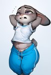 accidental_exposure anthro barely_visible_genitalia barely_visible_pussy bodily_fluids clothing ears_back female genitals hands_behind_head pivoted_ears pussy shirt solo standing sweat sweatpants sweaty_face t-shirt topwear wardrobe_malfunction zootopia anonymous_director judy_hopps lagomorph leporid mammal rabbit hi_res