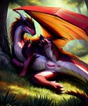 anonymous_director anus dragon female feral genitals grass hi_res horn multicolored_body outside plant pussy scalie solo spread_legs spreading tree wings