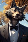 absurd_res anthro autumn beastars bowtie canid canine canis grey_body headshot_portrait hi_res legoshi_(beastars) male mammal plant portrait solo solo_focus tree wolf yalonip