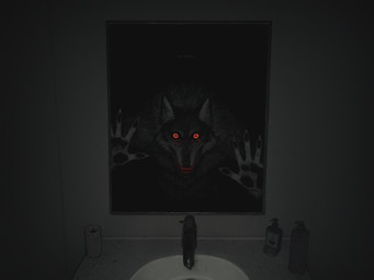 against_surface ambiguous_gender anthro bathroom black_body black_fur black_pawpads blood blood_from_eye bodily_fluids candle canine_nose canine_teeth cheek_tuft claws dark_room depression dialogue dirty evil_grin facial_tuft faucet finger_claws fur grey_body grey_fur hunched_over inner_ear_fluff leaning leaning_forward mirror multicolored_body multicolored_fur pawpads red_eyes sharp_teeth simple_background sink smile snarling solo squirt_bottle teeth text tuft two_tone_body two_tone_fur knotanotherfurry canid canine canis mammal wolf english_text hi_res