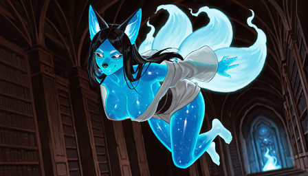 anthro black_hair black_nose black_sclera blue_body clothing cosmic_body female glowing glowing_body hair inner_ear_fluff inside looking_at_viewer multi_tail solo tuft white_clothing white_eyes shoptus canid canine fox mammal spirit