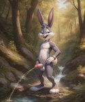 anthro balls bodily_fluids genital_fluids genitals male nude nude_anthro peeing penis solo urine watersports director_lerrmot bugs_bunny lagomorph leporid mammal rabbit hi_res