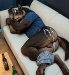 alcohol anthro balls beverage bodily_fluids bottomwear bottomwear_down brown_body brown_fur clothed clothing cum cum_in_ass cum_inside cum_on_ass fur furniture genital_fluids genitals leaking_cum male pants pants_down partially_clothed realistic shirt sleeping sofa solo tail topwear delken canid canine mammal were werecanid werecanine werewolf