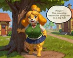 anthro bottomwear clothing female muscular outdoors short_stack skirt solo speech_bubble topwear vest kyxsoon isabelle_(animal_crossing) canid canine canis domestic_dog mammal hi_res