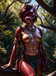 anthro bottomwear breasts clothing female hi_res jewelry jungle kobold loincloth looking_at_viewer marcus64 navel nipples non-mammal_breasts non-mammal_nipples red_body red_nipples red_scales scales scalie solo standing tribal tribal_clothing tribal_jewelry