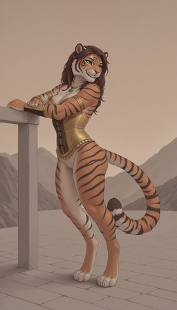4_toes 5_fingers anthro armor artois_posting_service barefoot bottomless bottomless_female bracelet breasts brown_hair casual_exposure claws clothed clothing comfyui_(software) corset countershading digitigrade feet female fingers flatpiecexlvae_baseona1579_(vae) fur gold_(metal) green_eyes hair jewelry leaning lingerie long_hair looking_at_viewer markings nai-diffusion-4-full_(model) necklace orange_body orange_fur outside paws ponystandardvae_v10_(vae) realesrgan_x4plus_(upscaler) sdxl_vae_fp16_(vae) smile solo standing striped_body striped_fur stripes tail teeth toes topwear white_body white_fur ysornep_(model) crashbandit felid mammal pantherine tiger digital_media_(artwork) hi_res prompt_metainfo