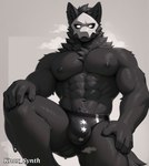 abs anthro black_body black_fur bulge claws clothing ears_up fur looking_at_viewer low-angle_view male muscular musk_clouds neck_tuft simple_background solo tuft underwear white_eyes knox_synth puro_(changed) canid canine goo_creature mammal tail hi_res