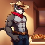 animatronic_male anthro bandanna bottomwear clothing cowboy cowboy_hat five_nights_at_freddy's food frosting.ai fur grey_body grey_fur hat headgear headwear kerchief machine male male_focus missing_tail muscular muscular_male pants pink_eyes pizza smile solo solo_focus candougie those_nights_at_rachel's ray_(tnar) animatronic mammal procyonid raccoon robot