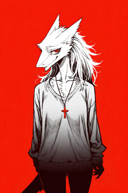 4_fingers anthro baggy_clothing black_body black_fur bottomless bottomless_female cheek_tuft chest_tuft clawed_hands claws clothed clothing collarbone cross cross_necklace facial_tuft female fingers fur hair jewelry looking_at_viewer necklace pendant red_eyes solo sweater tail topwear tuft white_body white_fur knotanotherfurry sergal 2025 absurd_res hi_res