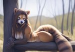 anthro brown_body brown_fur brown_hair digitigrade female fur golden_eyes hair hill long_hair looking_at_viewer lying nude on_front plant smile solo tasteful_nudity tree director_crashbandit ailurid felid hybrid mammal procyonid raccoon red_panda novelai