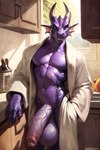 2023 absurd_res anthro balls bathrobe big_balls big_penis blue_eyes claws clothing detailed detailed_scales dragon flaccid genitals grin hi_res horn huge_balls huge_penis humanoid_genitalia humanoid_penis hyper hyper_balls hyper_genitalia hyper_penis inside instant kitchen looking_at_viewer male navel penis presenting presenting_penis purple_body purple_scales robe scales scalie smile solo solo_focus teeth vein veiny_penis