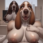 anthro canid canine canis clothed clothing domestic_dog duo female long_ears looking_at_viewer mammal overweight sombreru topless