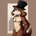 animatronic_male anthro blue_eyes brown_body brown_fur clothing five_nights_at_freddy's floppy_ears fur hat headgear headwear machine male male_focus simple_background smile solo solo_focus top_hat candougie nightmare_at_charle's billy_(nightmare_at_charle's) animatronic canid canine canis domestic_dog mammal robot attempted_signature signature