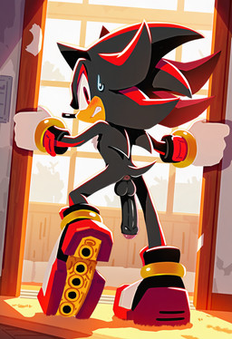 anthro anus black_body black_fur blush bodily_fluids clothing footwear fur genitals inside light male multicolored_body multicolored_fur penis red_body red_eyes red_fur shoes solo standing sunlight sweat tail teeth two_tone_body two_tone_fur turkey_(director) sega sonic_the_hedgehog_(series) shadow_the_hedgehog eulipotyphlan hedgehog mammal hi_res novelai