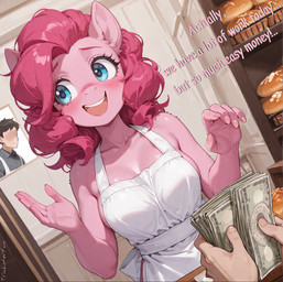 animal_ears animal_nose anthro apron apron_only arms_above_head bare_shoulders blue_eyes blush breasts cleavage clothed clothing collarbone duo female food fur hair holding_money holding_object inside large_breasts male medium_hair money mostly_nude open_mouth pink_body pink_fur pink_hair pink_skin pov_hands prostitution short_hair smile snout solo teeth text white_apron tricksterfox friendship_is_magic my_little_pony pinkie_pie_(mlp) equid equine human mammal english_text hi_res