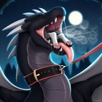 anthro black_body black_fur black_scales bodily_fluids collar eyes_closed fangs feral fur horn leash leash_pull looking_pleasured male male/male moon night oral_vore outside predator/prey saliva scales smoke_from_mouth solo spines swallowing teeth vore loganth canid canine dragon mammal