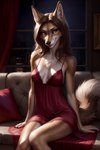 anthro arms_by_side breasts brown_hair chest_tuft city city_background cleavage clothed clothing female furniture hair long_hair night nightwear seductive side_boob sitting slim smile smirk sofa solo solo_focus tuft window canineluvr19 canid canine canis coyote mammal absurd_res hi_res