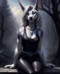 anthro auykac blue_eyes breasts canid cleavage clothed clothing female forest fur gym_clothing hair hi_res jewelry looking_at_viewer mammal neck_tuft necklace plant silver_hair sitting smile solo tank-top tight_clothing tree tuft white_body white_fur