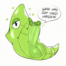 <3 anthro balls big_penis blush dialogue erection feral genitals green_body humanoid_genitalia humanoid_penis looking_at_viewer male narrowed_eyes penis simple_background solo speech_bubble text white_background hellsonger nintendo pokemon generation_1_pokemon metapod pokemon_(species) reptile scalie english_text