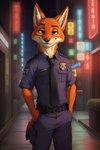 anthro city city_background clothing ears_up eyebrows hands_in_both_pockets looking_at_viewer male neon_lights police_uniform raised_eyebrow smile solo standing uniform zootopia cynfall nick_wilde canid canine fox mammal