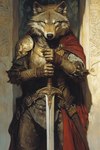 ambiguous_gender animal_genitalia anthro armor belt black_nose buckle cape cloak clothing gauntlets genitals gloves handwear melee_weapon scabbard sheath solo solo_focus stone_building sword weapon yellow_eyes bahufaru canid canine canis mammal wolf hi_res portrait