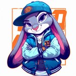 anthro baseball_cap black_clothing black_shirt black_topwear clothed clothing crossed_arms female front_view hat headgear headwear jacket judy_hopps lagomorph leporid letterman_jacket looking_at_viewer mammal open_clothing open_jacket open_topwear rabbit shirt smile smiling_at_viewer solo thedarkshadow1990 topwear white_clothing white_shirt white_topwear zootopia