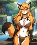 anthro blue_eyes blush bottomwear bracelet breasts chest_tuft cleavage clothed clothing detailed_background dipstick_tail female fur hair jewelry loincloth long_hair looking_at_viewer markings multicolored_body multicolored_fur navel necklace nipple_outline orange_body orange_fur outside plant sitting skimpy smile solo tail_markings tree tribal tuft water waterfall anontk twokinds mike_(twokinds) canid canine felid fox mammal hi_res