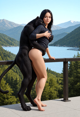 anthro anthro_penetrating anthro_penetrating_human barefoot biped black_body black_fur black_hair bottomless breast_grab breasts butt clothed clothed/nude clothing day detailed_background digitigrade duo feet female female_on_anthro fingers from_behind_position fur genitals hair hand_on_breast human_on_anthro human_penetrated interspecies long_hair male male/female male_on_human male_penetrating male_penetrating_human melanistic mountain nipples nude outside penetration photorealism plant railing sex shirt sky smile standing standing_sex tail toes topwear tree water crashbandit felid human mammal pantherine comfyui_(software) digital_media_(artwork) furationxl_(model) hi_res nai-diffusion-4-full_(model) prompt_metainfo