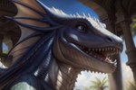 ambiguous_gender anthro blue_body blue_scales canineluvr19 dragon fin head_fin hi_res hyper_realistic_ai open_mouth ruins scales scalie solo solo_focus spikes teeth