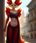 anthro clothed clothing delphox dress female generation_6_pokemon gold_(metal) gold_jewelry jewelry pokemon_(species) solo unknown_director