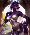 anthro breasts bridal_lingerie camel_toe cleavage clothed clothing female lingerie looking_at_viewer non-mammal_breasts pose seductive silk skimpy smile solo denis0k dragon scalie