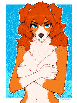 abstract_background anthro blue_eyes breasts countershade_torso countershading covering covering_breasts female freckles fur ginger hair looking_at_viewer medium_breasts multicolored_body multicolored_fur navel orange_body orange_fur red_hair solo tuft krickracsac canid canine canis collie domestic_dog herding_dog mammal pastoral_dog rough_collie sheepdog absurd_res headshot_portrait hi_res portrait watermark