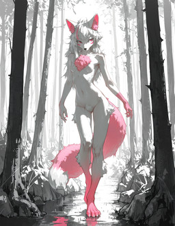 anthro female fluffy hair paws pink_body pink_eyes slim solo standing tail white_body white_hair zeez18 yoki_j_(yj) canid canine fox mammal absurd_res hi_res