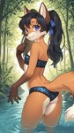 anthro bikini black_hair breasts butt clothing female gloves_(marking) hair looking_back markings pigtails small_breasts smile solo swimwear water alina_braun canid canine fox mammal red_fox hi_res