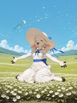 4_fingers accessory anthro back_ribbon bangs bent_over blue_ribbon blue_sky breasts clothing cloud cloudy dress eyelashes eyes_closed female field fingers flower flower_field front_view goat_ears grass hair hair_accessory hair_ribbon happy hat headgear headwear hill hooved_fingers hooves landscape mountains neck_ribbon open_mouth pink_inner_ear pink_nose plant ribbons scut_tail short_tail sitting sky sleeveless small_breasts smile solo spread_arm sun_hat tree twintails_(hairstyle) wariza white_clothing white_dress white_flower white_hair white_hat white_headwear wind burioth bovid caprine goat mammal absurd_res full-length_portrait hi_res portrait