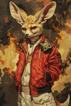 anthro bottomwear brown_eyes cargo_pants clothing coat fire jewelry male necklace pants solo streetwear topwear bahufaru kafeel_scirocco_(bahufaru) canid canine fennec fox mammal hi_res