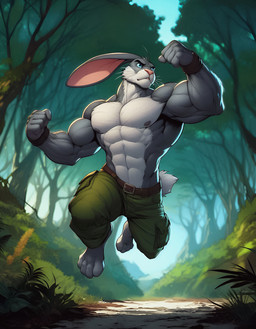4_toes 5_fingers abs action_pose anthro barefoot belt biceps big_abs big_biceps big_deltoids big_forearm_muscles big_muscles big_pecs big_quads big_triceps biped black_pupils blue_eyes bottomwear broad_shoulders brown_belt cheek_tuft clothed clothing countershade_face countershade_fur countershade_neck countershade_torso countershading dall-e_3 day deltoids denim denim_clothing detailed_background facial_tuft feet fingers forearm_muscles forest forest_background front_view fur grass green_bottomwear green_clothing grey_body grey_ears grey_fur humanoid_hands jeans jumping leaf light light_body light_scales long_ears looking_aside male midair multicolored_body multicolored_fur muscular muscular_anthro muscular_arms muscular_male nature nature_background nipples obliques outside pants pecs pink_inner_ear pink_nipples pink_nose plant plantigrade pose pupils scales serratus shadow shrub sky solo sun sunlight toes topless topless_anthro topless_male trapezius tree triceps tuft two_tone_body two_tone_fur whiskers white_body white_countershading white_fur white_tail wraps wrist_wraps zenithwolf lagomorph leporid mammal rabbit 7:9 digital_media_(artwork) full-length_portrait green_theme hi_res lighting portrait shaded