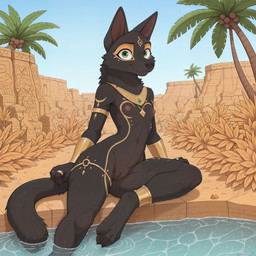 anthro bodypaint breasts butt claws egypt eyeshadow feet female fur genitals jewelry looking_at_viewer makeup mane markings navel nipples nude oasis paws presenting pussy seductive slim small_breasts smile snout solo tuft wet wet_body vitiligo_(director) canid canine mammal absurd_res hi_res