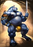 absurd_res anthro armor asinus balls belly benjohnson big_balls big_bulge bodily_fluids bulge clothing donkey equid equine genitals hi_res hooves male mammal melee_weapon muscular muscular_male navel nipples pose solo sweat sweaty sword underwear underwear_bulge weapon