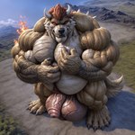 5_toes abs anthro balls belly biceps big_balls big_belly big_fangs big_feet big_hands big_muscles bowser canid canine canis feet fire genitals hairy hi_res horn huge_balls hybrid hyper hyper_balls hyper_genitalia lizard macro male mammal mountains musclegut muscular nude outside pecs plantigrade red_eyes reptile scalie solo toes wolf