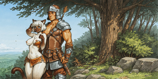 5_fingers anthro areola armor atmospheric_perspective belt biped blue_eyes blush bottomwear breasts brown_body brown_fur chest_tuft clothed clothing cloud day detailed_background duo exposed_breasts eyebrows female fingers forest fur gloves_(marking) gradient_fur hair handwear headgear helmet human_on_anthro humanoid_hands inner_ear_fluff interspecies loincloth looking_aside looking_at_another looking_away male male/female markings melee_weapon midriff multicolored_body multicolored_fur muscular muscular_human muscular_male nature navel nipples outside pink_nipples plant rock scabbard shirt short_hair shrub skimpy skirt sky smile standing sword tail tan_body topwear tree tuft two_tone_body two_tone_fur vambrace warrior weapon white_body white_fur white_hair wind the_wanderer_jax domestic_cat felid feline felis human mammal siamese hi_res