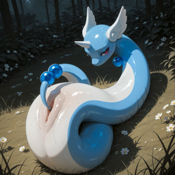 animal_genitalia armless blue_body bodily_fluids cloaca eyelashes female feral genital_fluids genitals legless looking_at_viewer on_grass presenting presenting_pussy pussy seductive serpentine solo tail tail_fetish tail_play vertical_cloaca white_body nonimousmate nintendo pokemon dragonair generation_1_pokemon pokemon_(species) hi_res