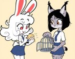 anthro biped bird_cage bottomwear cage clothing female fur group inner_ear_fluff necktie orange_eyes prick_ears red_eyes school_uniform skirt spots spotted_body spotted_fur trio tuft uniform anonymous_director invoke_high felid feline human lagomorph leporid lynx mammal rabbit hi_res