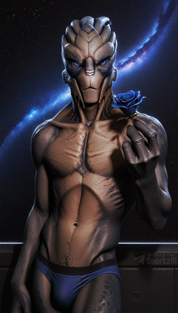 beckoning bedroom_eyes blue_clothing blue_eyes blue_flower blue_underwear briefs bulge clothed clothing detailed_background flower gesture holding_flower holding_object looking_at_viewer male male_humanoid muscular narrowed_eyes navel plant rose_(flower) seductive solo space standing telegram telegram_logo text topless underwear underwear_only sergalbutt bioware electronic_arts mass_effect garrus_vakarian alien alien_humanoid humanoid turian director_name hi_res signature url