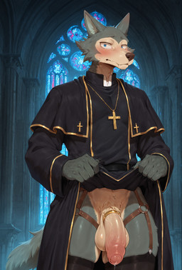 5_fingers accessory anthro balls blue_eyes blush church claws clothed clothing clothing_lift cock_ring cross cross_necklace crotch_tuft fingers flaccid foreskin genitals harness humanoid_genitalia humanoid_penis jewelry legwear looking_at_viewer male necklace nervous nervous_expression nervous_sweat penis penis_accessory penis_jewelry presenting presenting_penis priest robe solo standing thigh_highs tuft chamir136_(director) beastars legoshi_(beastars) canid canine canis humanoid mammal wolf hi_res