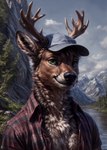 anthro antlers brown_hair cervid clothed clothing fluffy_fur fur gilkardex green_eyes hair hat headgear headwear hi_res horn humanoid male mammal open_clothing open_shirt open_topwear shirt solo topwear