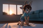 aidan_(disambiguation) anthro antlers brown_hair buck_(disambiguation) cervid cub furniture hair hi_res hooves horn kneeling living_room male mammal morning sofa solo teal_eyes venison venisoncreampie young